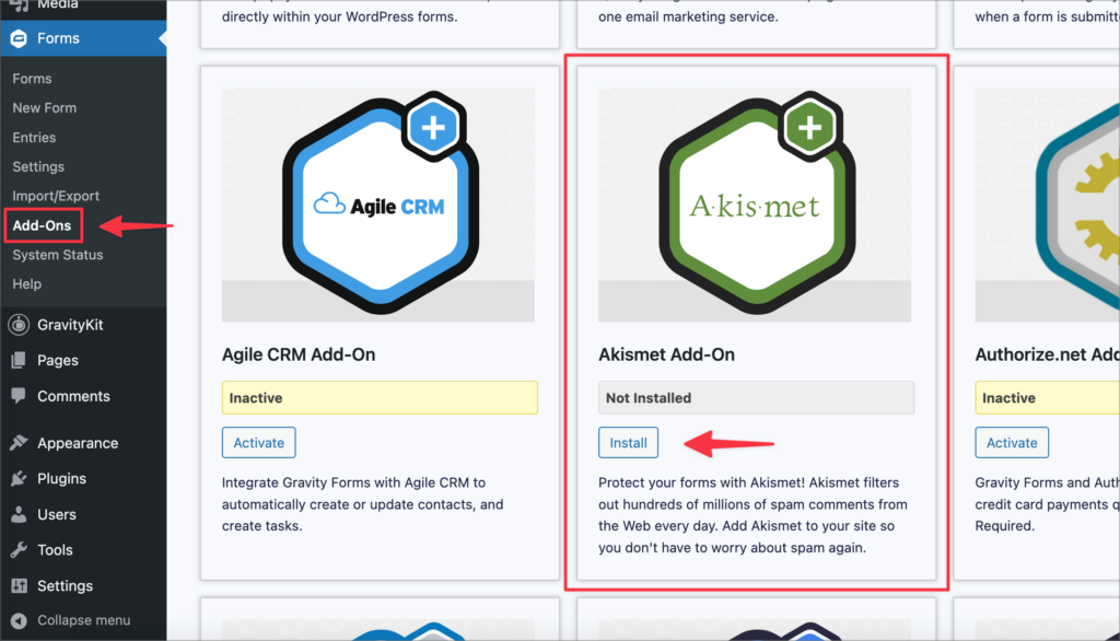 The Gravity Forms 'Add-Ons' page in WordPress; the Akismet add-in is highlightd and there's an arrow pointing to the 'Install' button