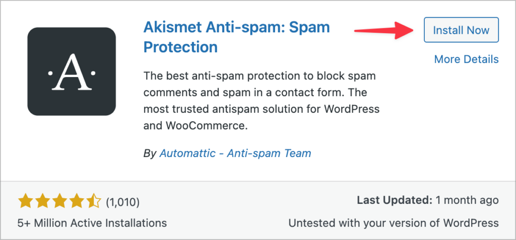 An arrow pointing to the 'Install Now' button for the Akismet Anti-spam plugin