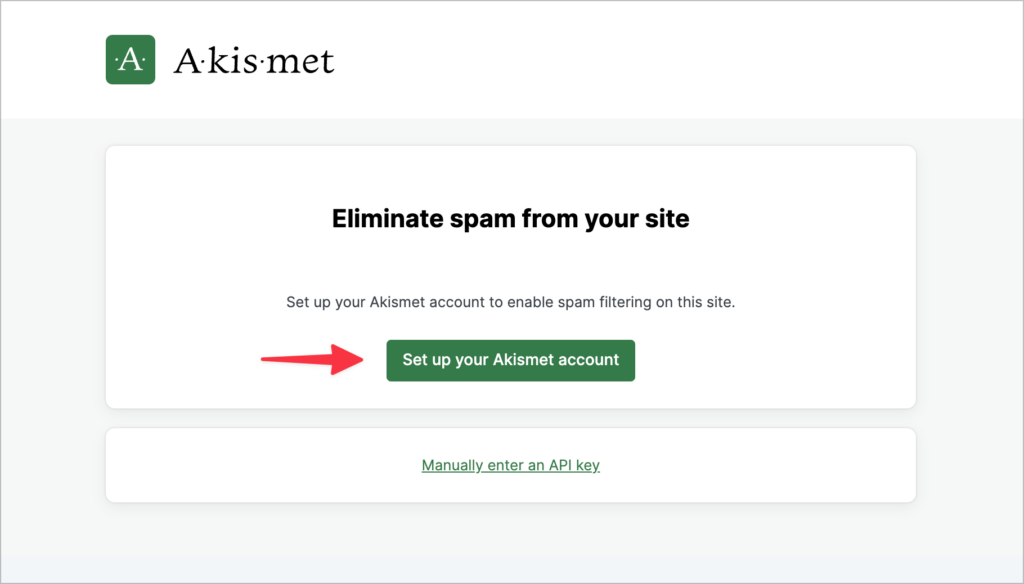 An arrow pointing to a button labeled 'Set up your Akismet account'