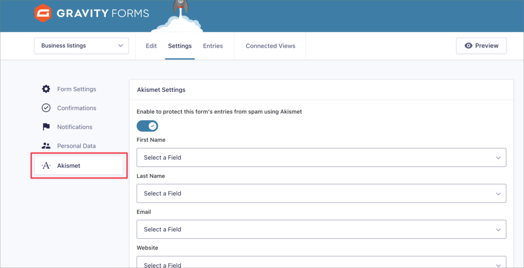The akismet form-level settings for Gravity Forms