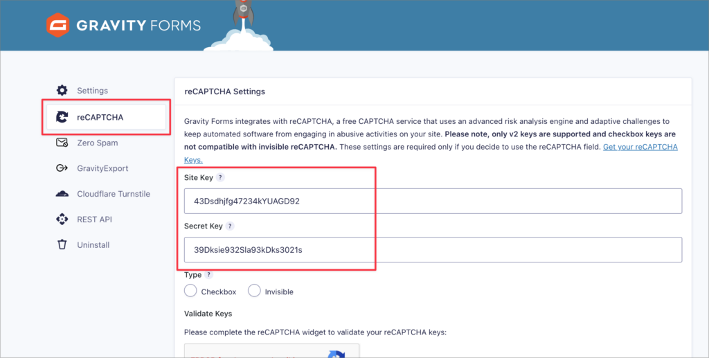The Gravity Forms reCAPTCHA Settings showing the Site Key and the Secret Key