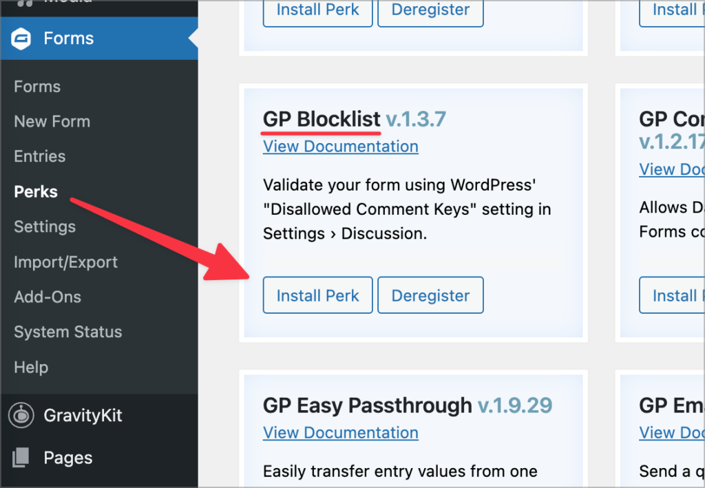 An arrow going from the 'Perks' WordPress menu item to the install button for GP Blocklist