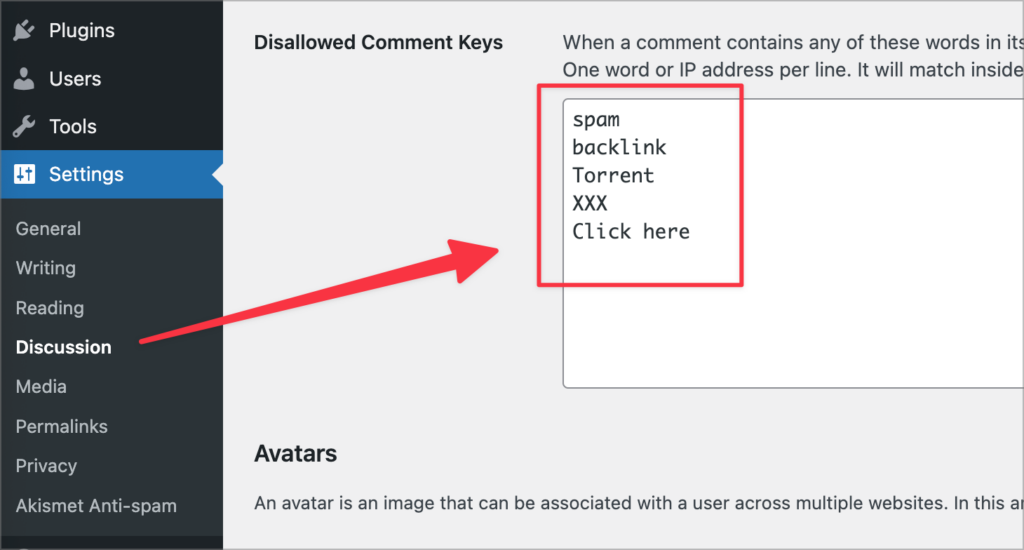 A list of spammy words added to the Disallowed Comment Keys in WordPress on the 'Discussion' page under 'Settings'