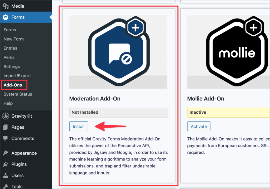 An arrow pointing to the Install button for the Moderation Add-On on the Gravity Forms Add-Ons page