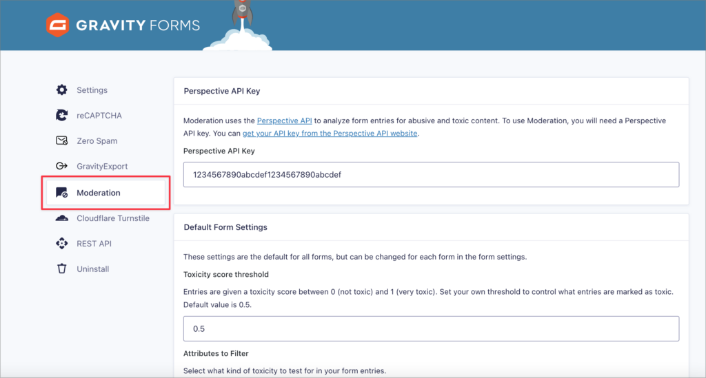 The Moderation Add-On settings in Gravity Forms
