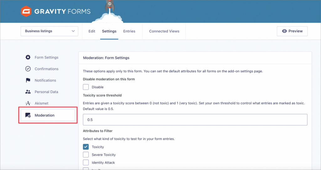 The Moderation feed settings in Gravity Forms