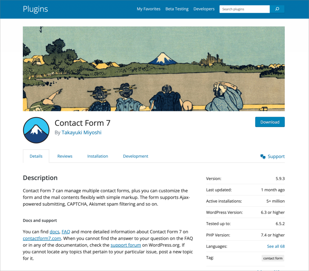 The Contact Form 7 plugin preview showing 5+ million active installations.