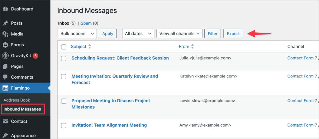 The 'Export' button above the entries inbox in Flamingo