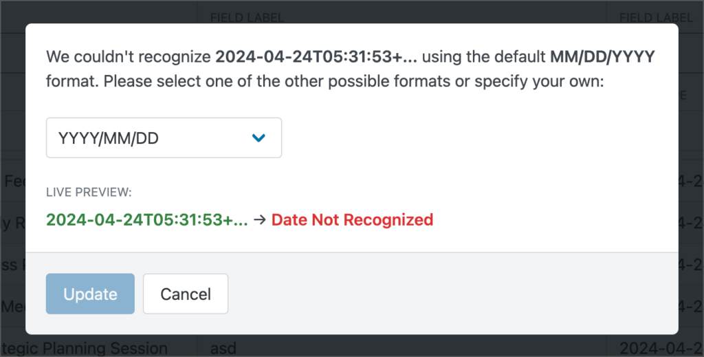 A GravityImport notice explaining that the date format is not recognized; There is a dropdown field enabling the user to select a new format.
