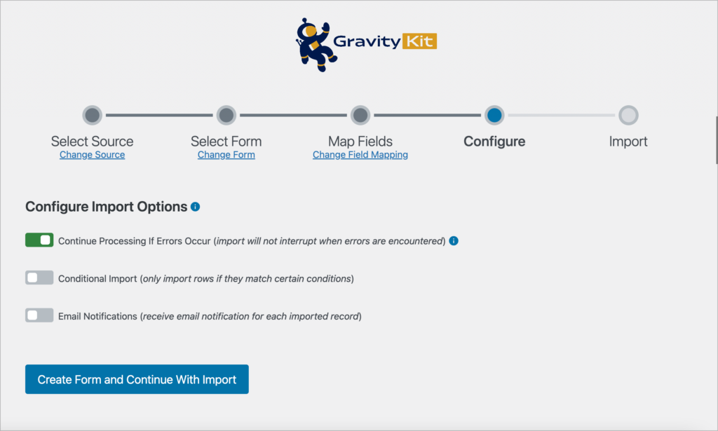 The 'Configure' screen in GravityImport; there are various options here to configure.