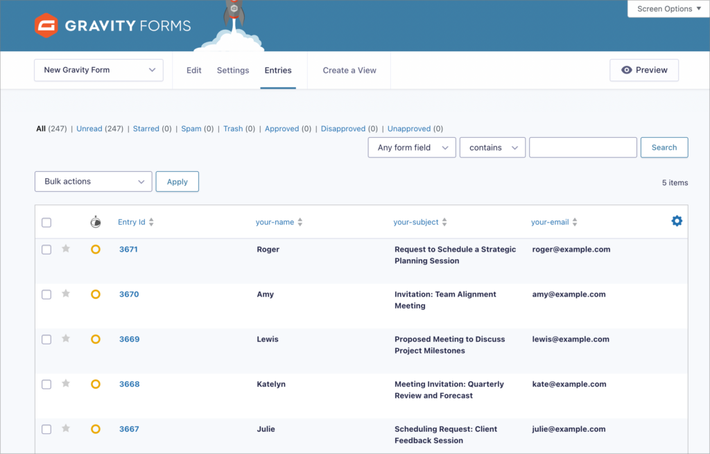 The Gravity Forms 'Entries' page.