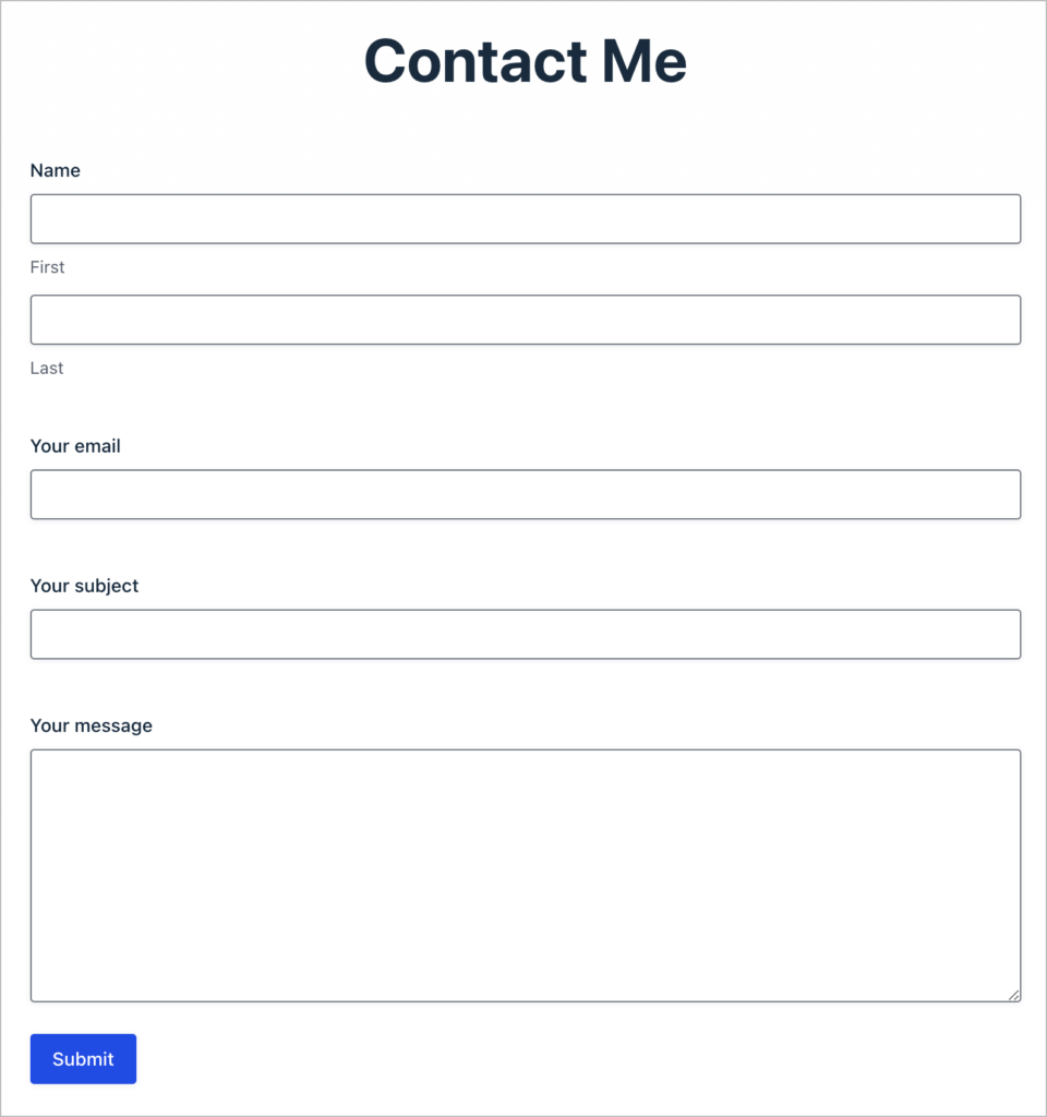 A Gravity Forms with the following fields: Name, Your email, Your Subject, Your message.