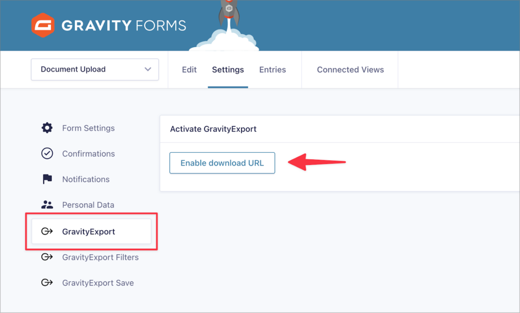 A button labeled 'Enable download URL' on the GravityExport feed page