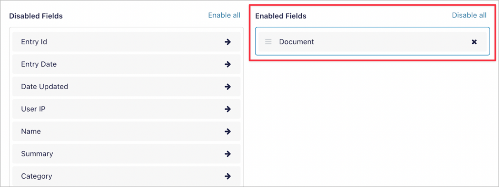 The GravityExport feed settings; there are two columns; one for disabled fields and one for enabled fields (which is highlighted)