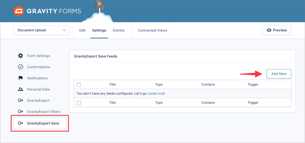 An arrow pointing to the 'Add New' button on the GravityExport Save feed page