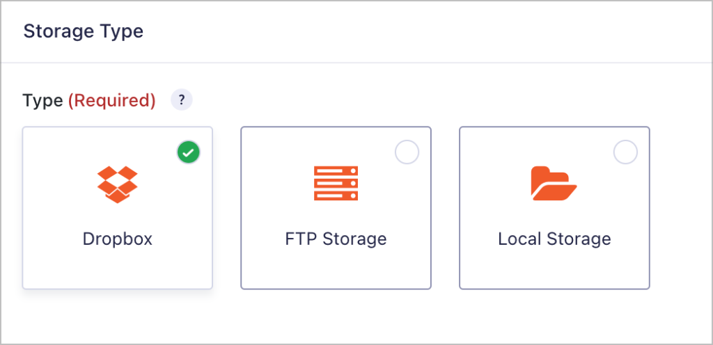 The storage type settings for GravityExport; the 'Dropbox' option is selected