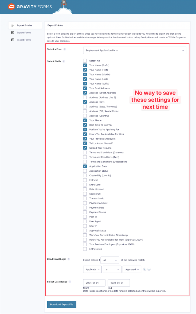 The 'Export Entries' screen in Gravity Forms