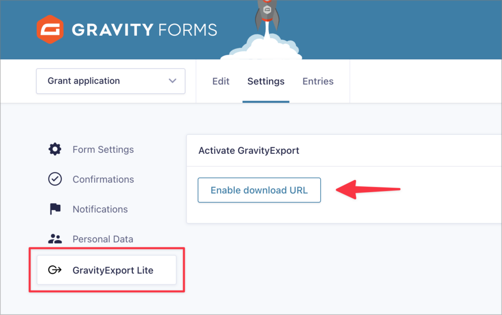 A button pointing to a button labeled 'Enable Download URL' on the GravityExport Lite feed page