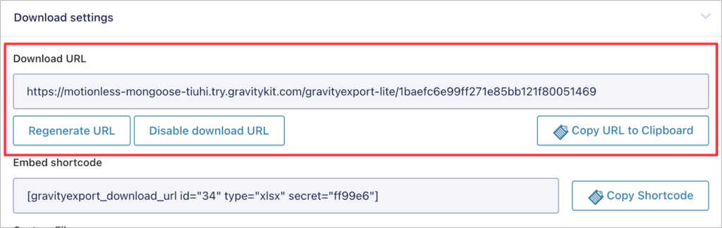 The download URL generated by GravityExport Lite