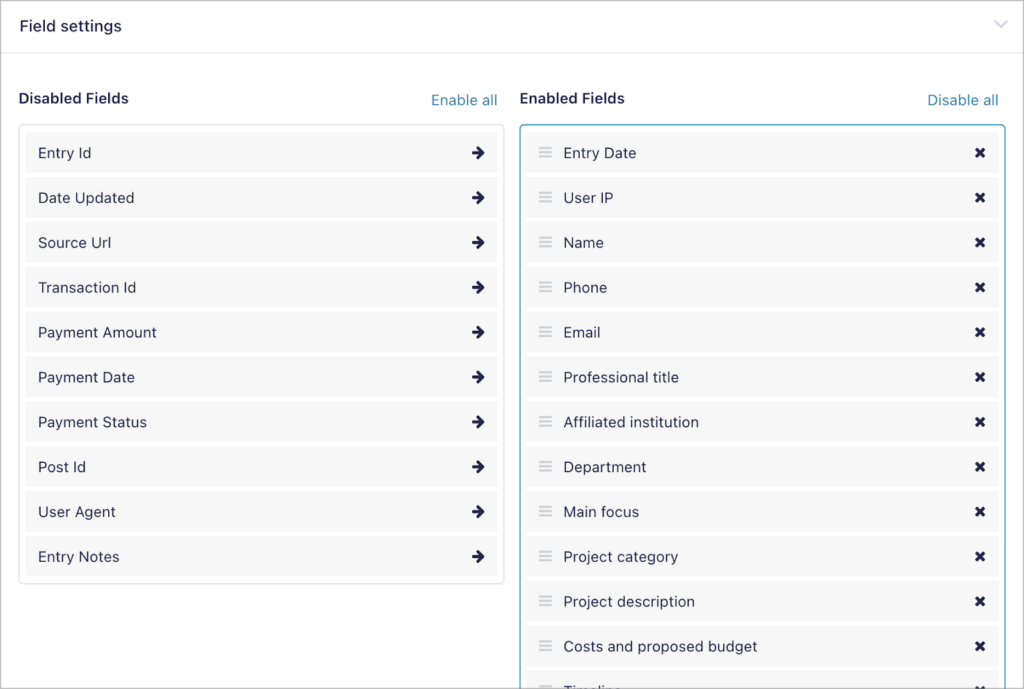 The field settings in GravityExport Lite; there are two columns for Disabled fields and Enabled fields respectively