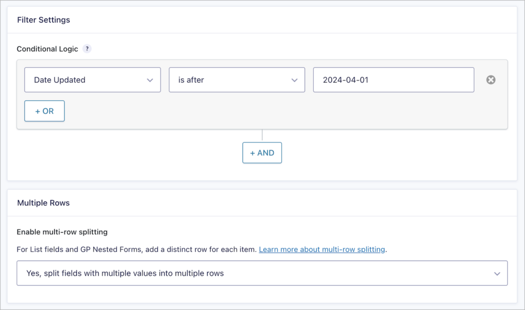 Conditional logic settings for GravityExport Lite feeds