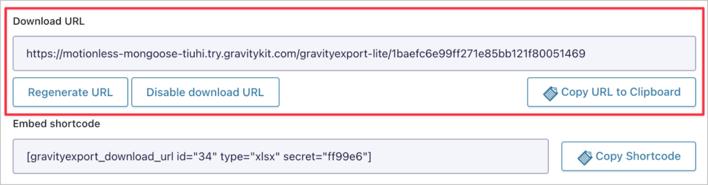 The download URL generated by GravityExport Lite