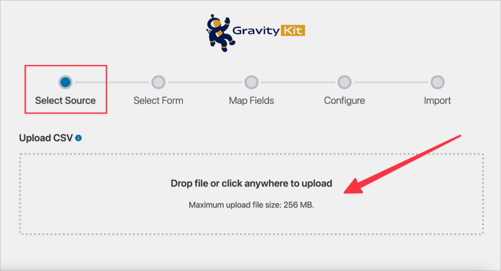 The Import Entries screen in Gravity Forms; there is an arrow pointing to the upload box for uploading a CSV file containing entry data