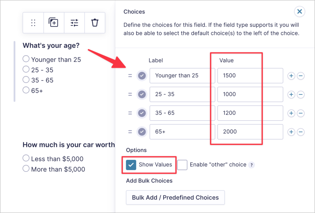 The 'Edit Choices' menu for a Radio Buttons field in Gravity Forms