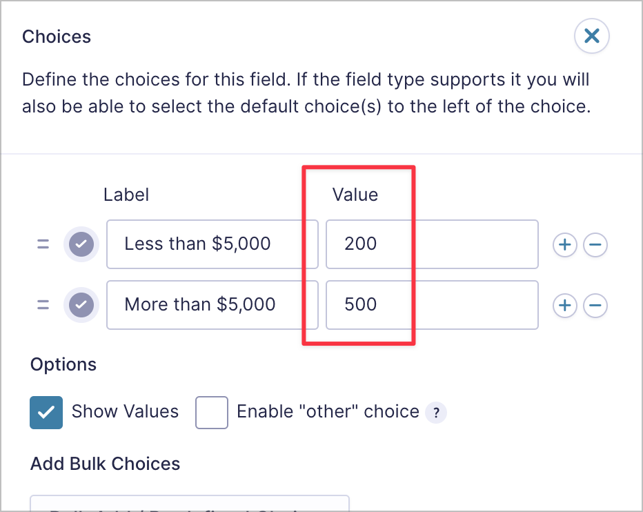 The 'Value' column for a Radio Buttons field