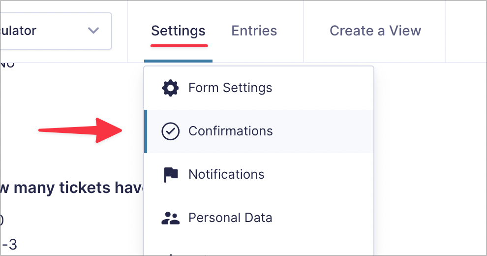 An arrow pointing to the 'Confirmations' option in the settings menu