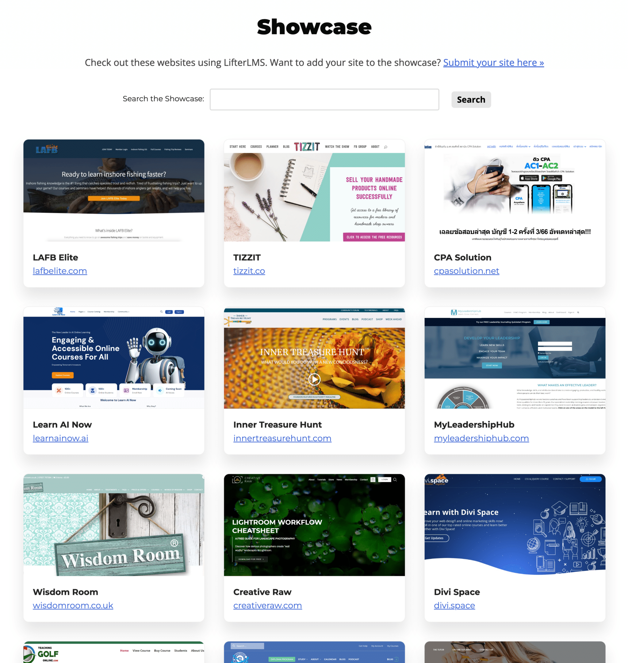 Showcase grid displaying nine websites built with LifterLMS platform
