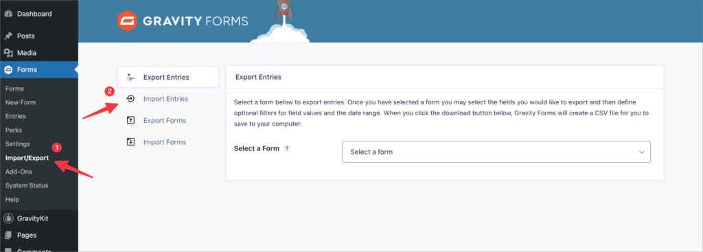 The Gravity Forms Import/Export screen with an arrow pointing to the Import Entries tab
