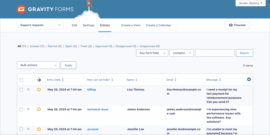 The 'Entries' screen in Gravity Forms