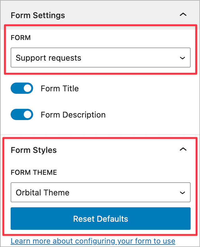 The block settings for the Gravity Forms block