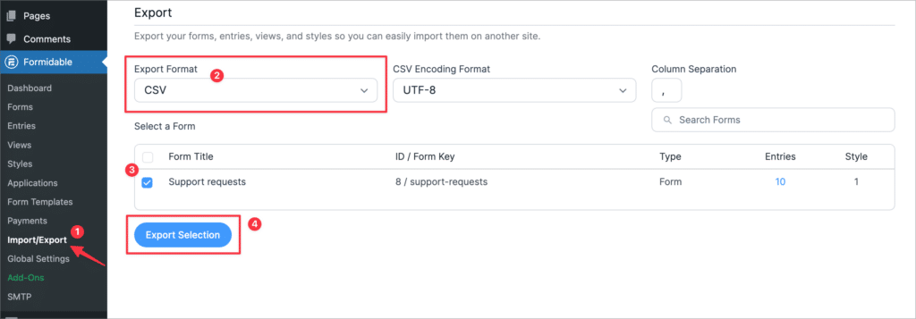 The Formidable Forms Import/Export page in WordPress