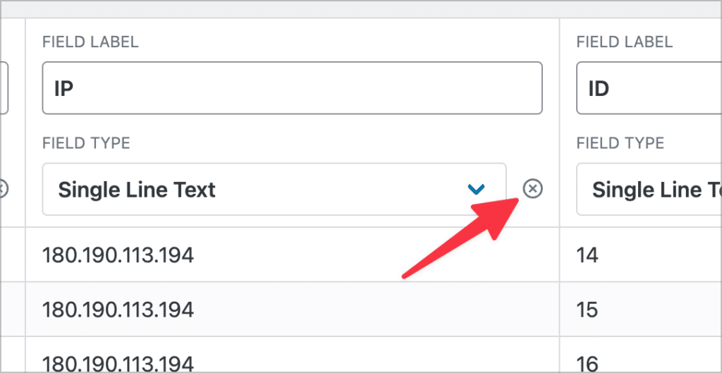 An arrow pointing to an 'x' icon; clicking this will remove the field from the import.