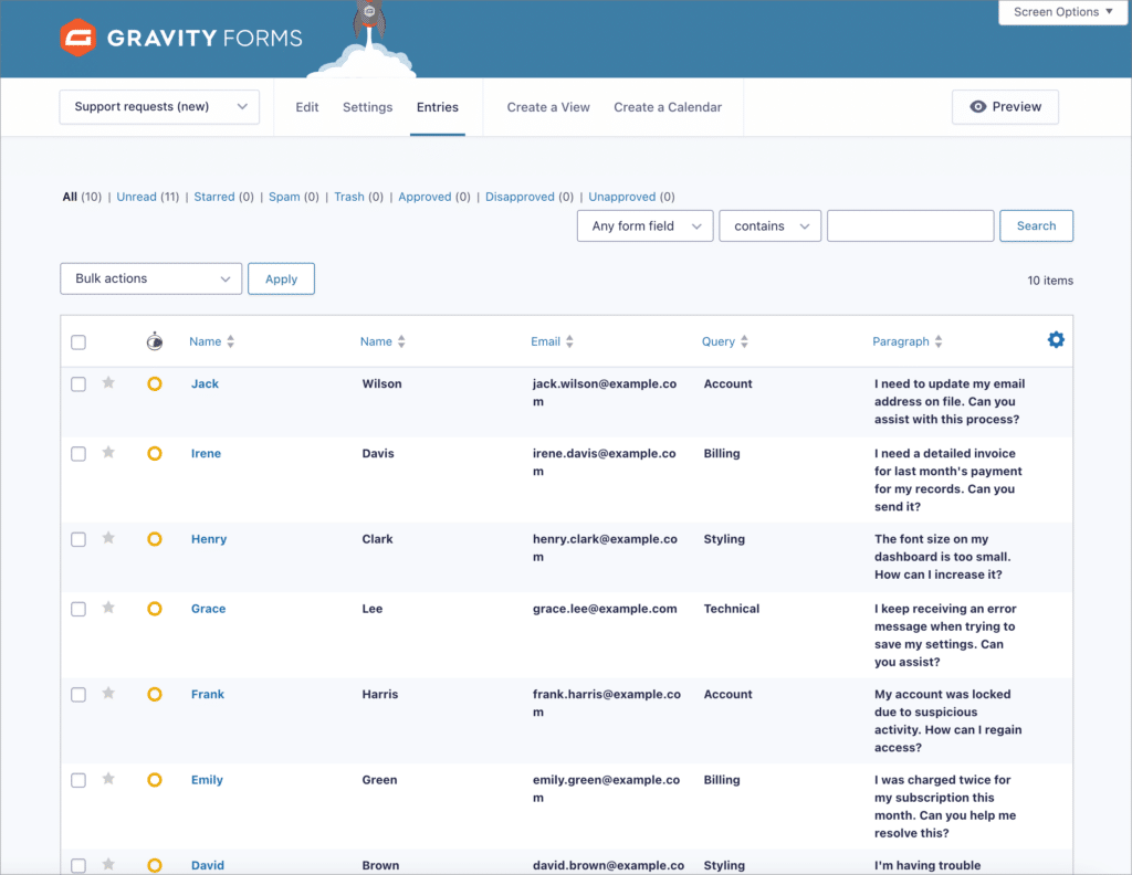 The Entries page in Gravity Forms showing submitted entries for a form called 'Support requests'
