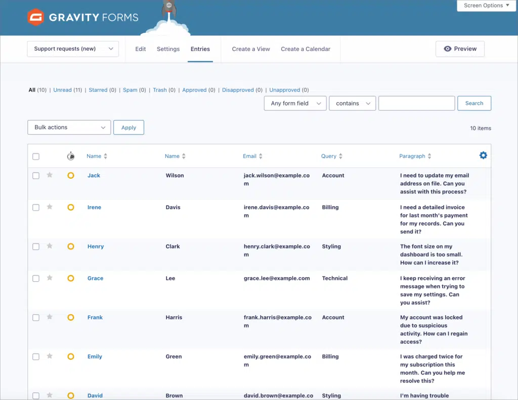 The Entries page in Gravity Forms showing submitted entries for a form called 'Support requests'