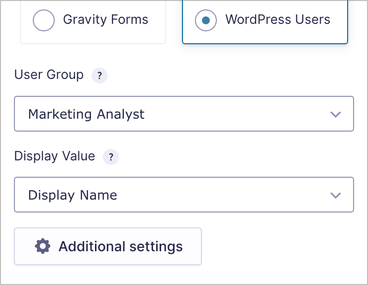 A dropdown field labeled 'User group' with the value set to 'Marketing Analyst'