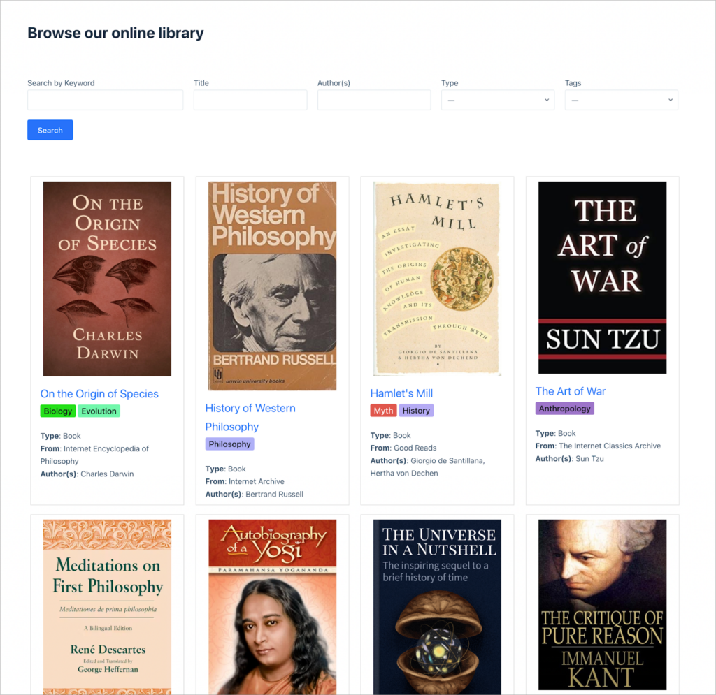 An online library, where books are displayed in a grid with a search bar at the top; for each book there is information such as the title, author, an image, subject, etc