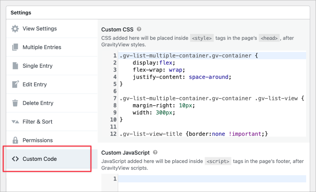 The 'Custom Code' panel in the GravityView settings; here there is space to add both custom CSS and custom JavaScript