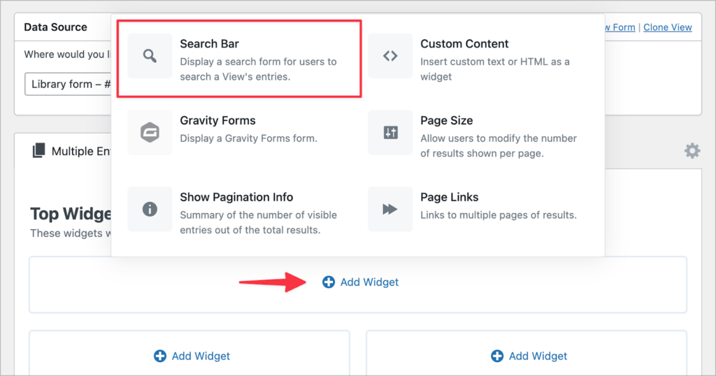 The widget picker in GravityView; the Search Bar widget is highlighted