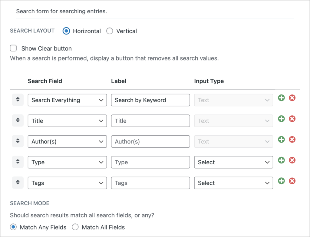 The Search Bar widget settings in GravityView with options to add or remove search inputs for different fields