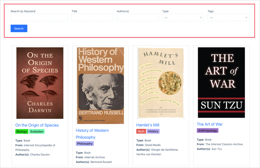 The search bar on the front end; there are search inputs for keyword, title, author(s), type and tags.