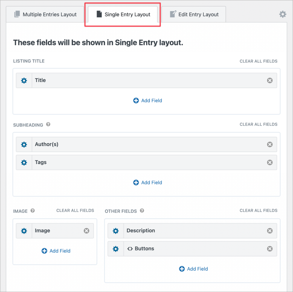 The SIngle Entry Layout in the GravityView editor; the 'Single Entry Layout' tab is highlighted.