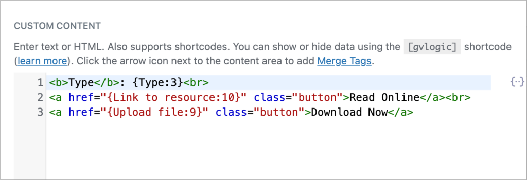 HTML anchor tags with Gravity Forms merge tags to create custom buttons