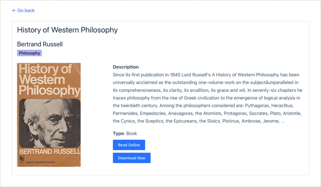 An overview page for a book titled 'History of Western Philosophy' by Bertrand Russell; there is a description, and two buttons for reading online and downloading the book respectively.