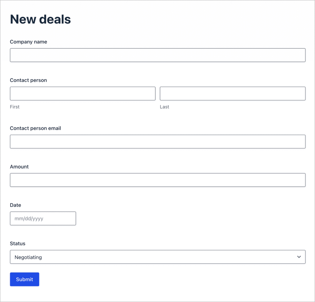 A Gravity Forms with fields for company name, contact person, contact person email, amount, date, and status