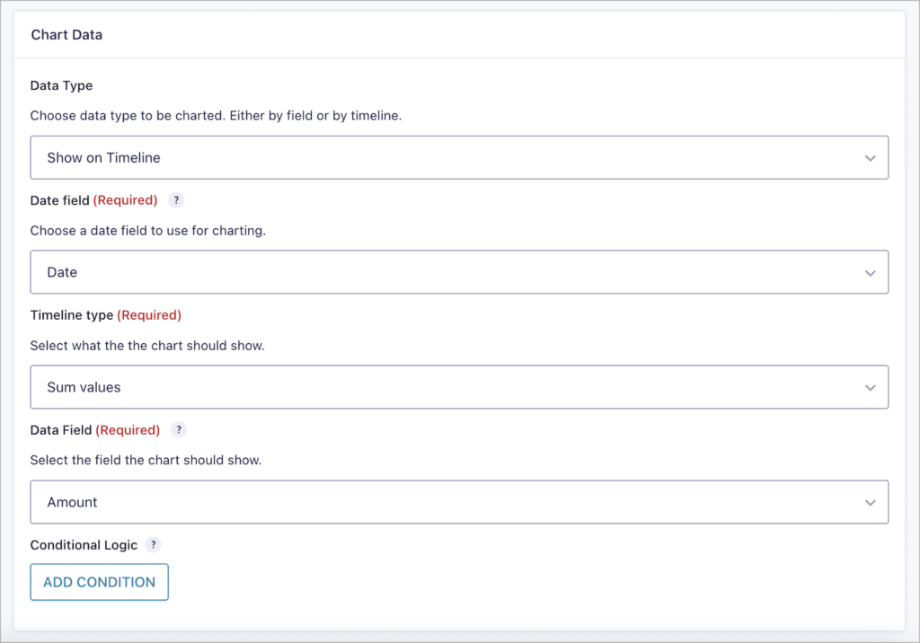 The chart data settings in GravityCharts; there is an online to 'Show on Timeline', allowing the creation of timeline charts