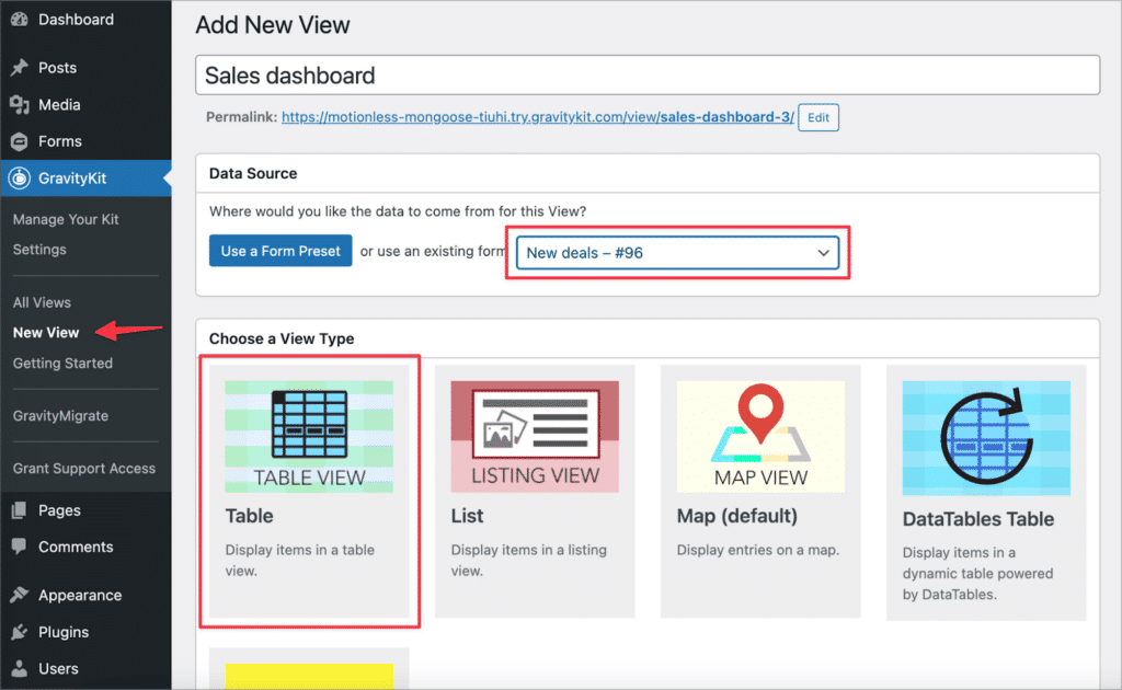 The View configuration screen in GravityView–there is a drop down for selecting a data source, and a panel for choosing a View Type (layout)